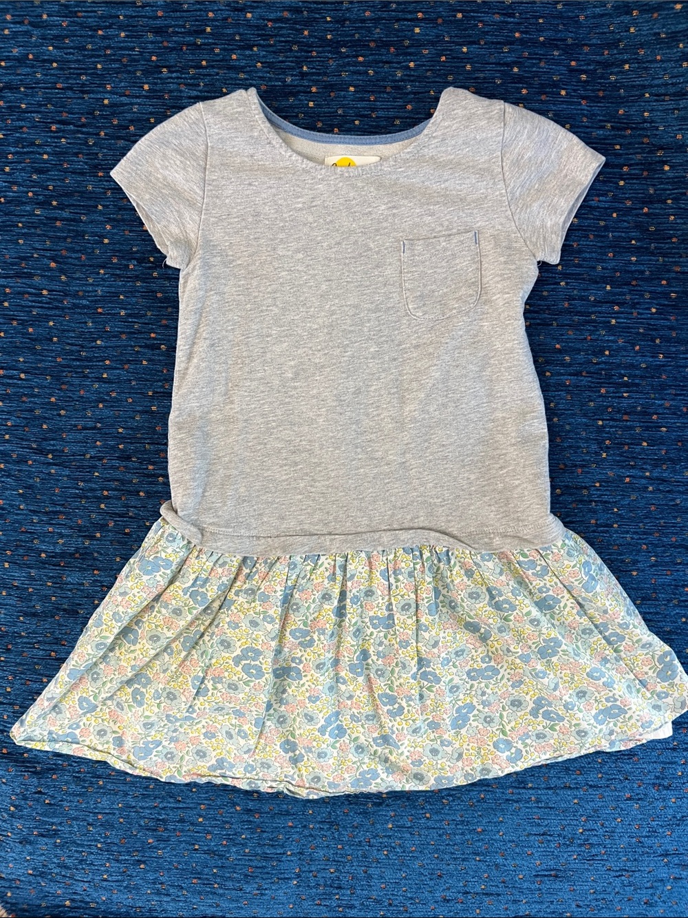 Mini Boden Girls' Short Sleeve Heather Gray drop waist Dress w/ Floral Skirt